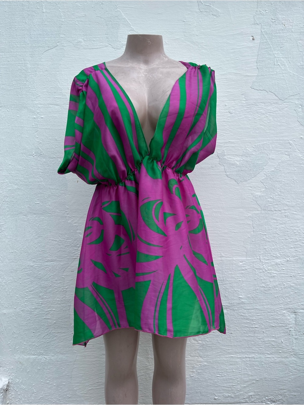 Famosa Fuchsia and Green Plunge V-Neck Mini Dress